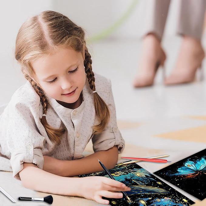 Georgie Porgy Scratch Paper Art Set for Kids Adults Magic Rainbow Painting Boards for DIY Arts and Crafts Kits Christmas Birthday Gift with Scratching Tools Kit (Glow in The Dark Butterfly + Whale)