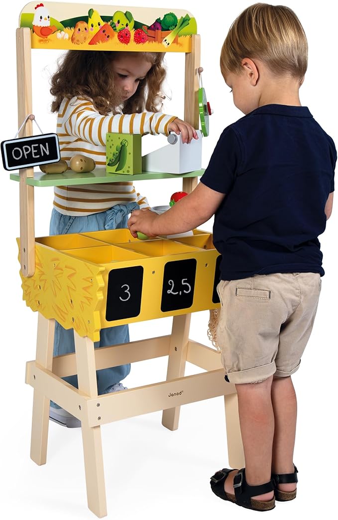 Janod - Children's Merchant Farm Market - Imitation Game for Children - 32 Accessories - Develops Imagination - FSC Wooden Toy - Water Painting - Suitable for Ages 3 and Above - J03322