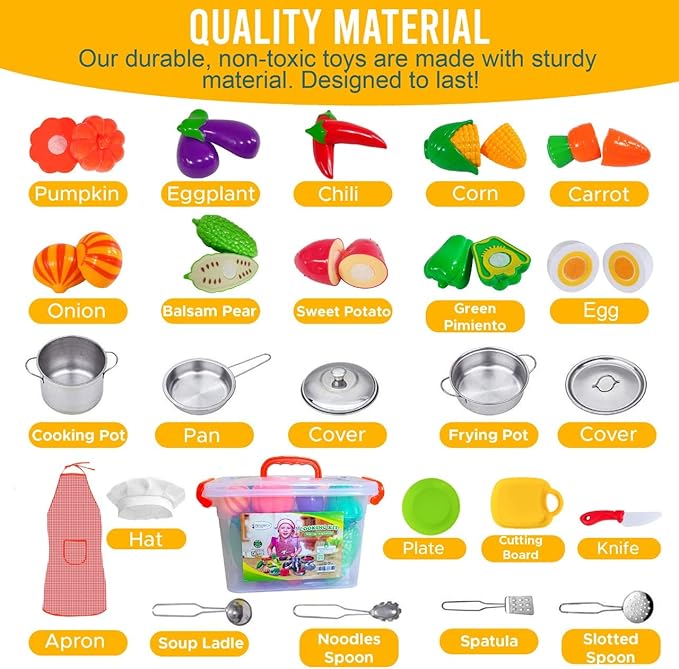 FUNERICA Toddler Kitchen Accessories Playset with Cutting Food Vegetables - Stainless-Steel Play Pots & Utensils - Apron & Chef Hat - Toy Knife & Cutting Board (Apron: Red. Checkerboard Design)