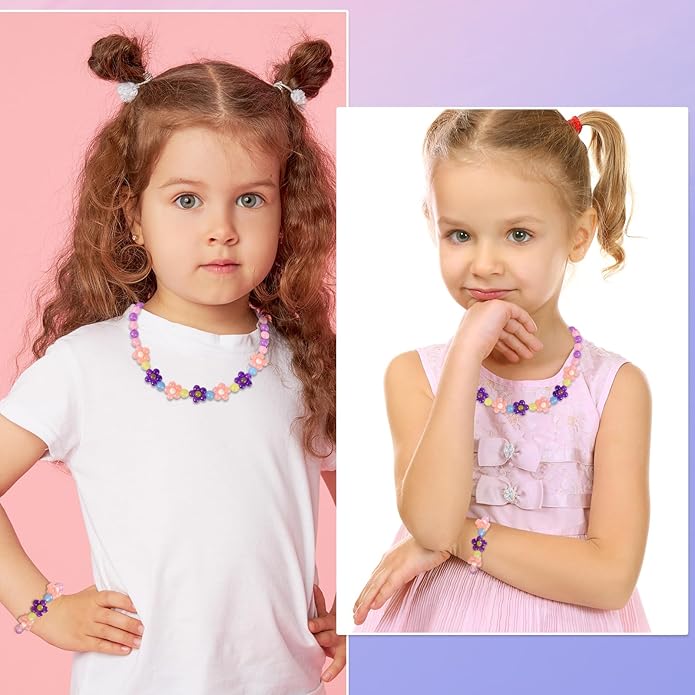 Girls Jewelry Set - Cute Flower Beads Necklace Bracelet-Toddler Girls Flower Jewelry - Stretchy Chunky Costume Jewelry Present Toy-Purple