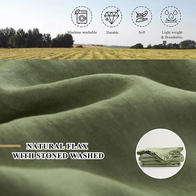 Simple&Opulence 100% Linen Duvet Cover Set, 3 PCS Natural French Flax Sage Green Ruffle Duvet Cover Full Size, Breathable Comfy Linen Bedding Comforter Cover with 2 Pillowcases (Sage Green, 78" X 86")