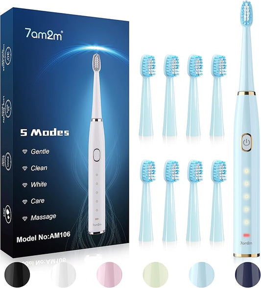 7AM2M Sonic Electric Toothbrush for Adults and Kids- High Power Rechargeable Toothbrushes with 8 Brush Heads,5 Adjustable Modes, Built-in 2-Minute Smart Timer,4 Hours Fast Charge for 30Days (Blue)