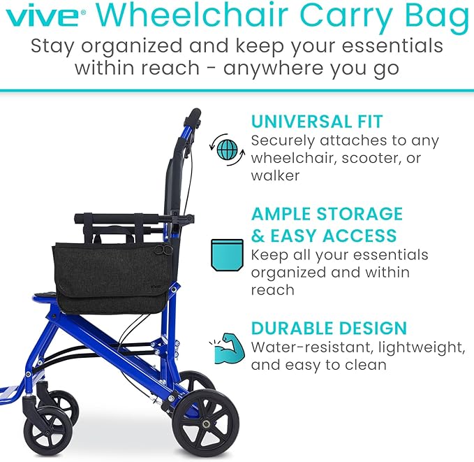 Vive Wheelchair Carry Bag - Arm Rest Pouch for Rollator, Walkers, Power Wheel Chairs and Knee Scooters - Side Storage Organizer for Elderly, Seniors, Adults (Black)