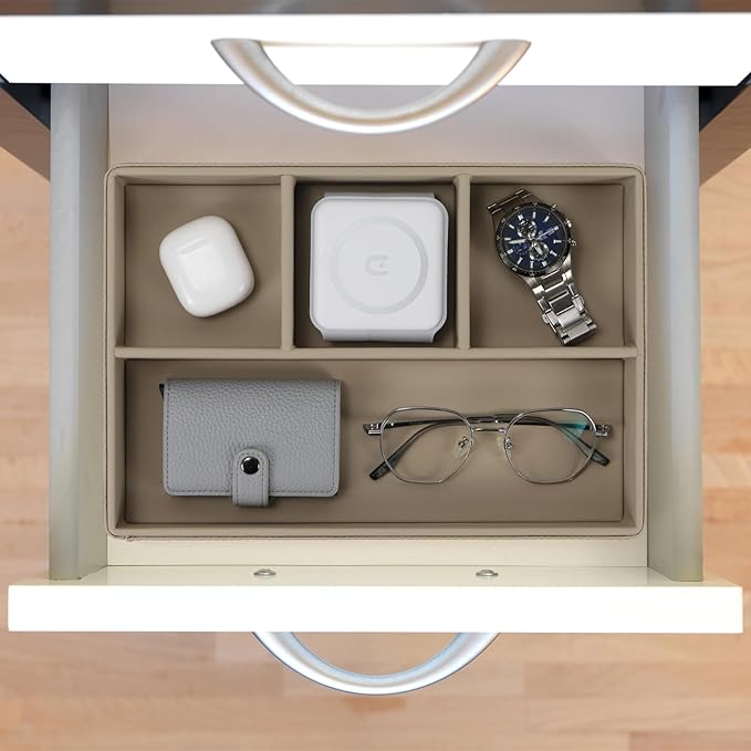 Buqoo PU Leather Valet Tray, Office Supplies Organizer, Stackable Desktop Organizer and Accessories Drawer Organizer for Storing Office Supplies, Jewelry, Cosmetics, Beige