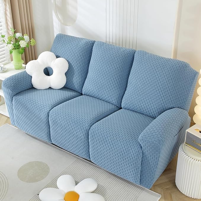 vctops 8 Pieces Jacquard Plush Recliner Sofa Covers Stretch Soft 3 Seats Couch Cover Anti-Slip Solid Color Sofa Slipcover Furniture Protector with Elastic Bottom for Kids Pet (Lake Blue,3 Seat)
