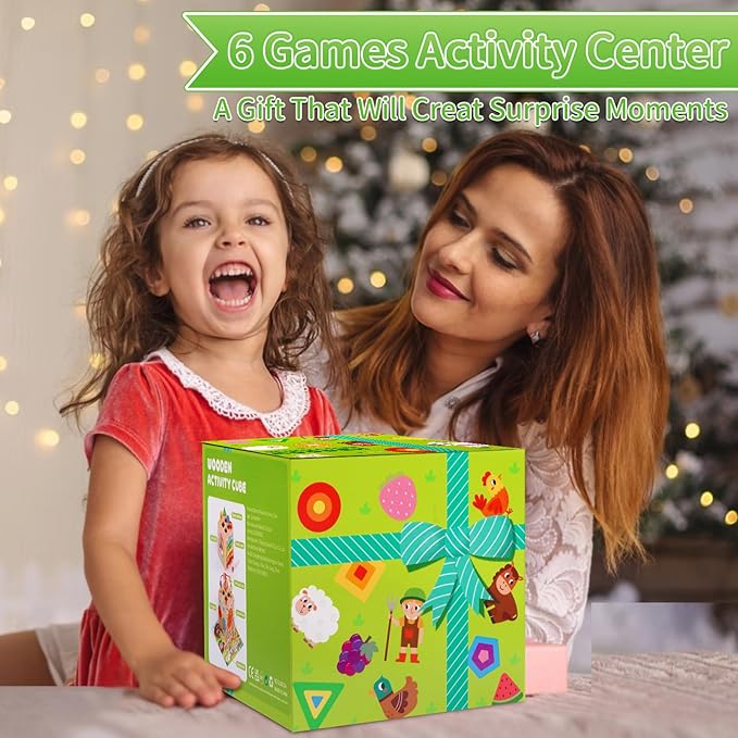Toddler Wooden Activity Cube Toys, Montessori Toys for 1 2 3 Year Old Boy Girl, Educational Learning Toys for Toddlers 1-3 2-4 Years, Sensory Infant Toys First 1st 2st one two Christmas Birthday Gifts
