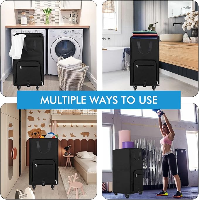 Bukere Laundry Hamper with Wheels, Large Rolling Laundry Basket with 4 Casters and 2 Handles, Collapsible Freestanding Wheeled Laundry Bag for Clothes, Laundry Room, Bathroom
