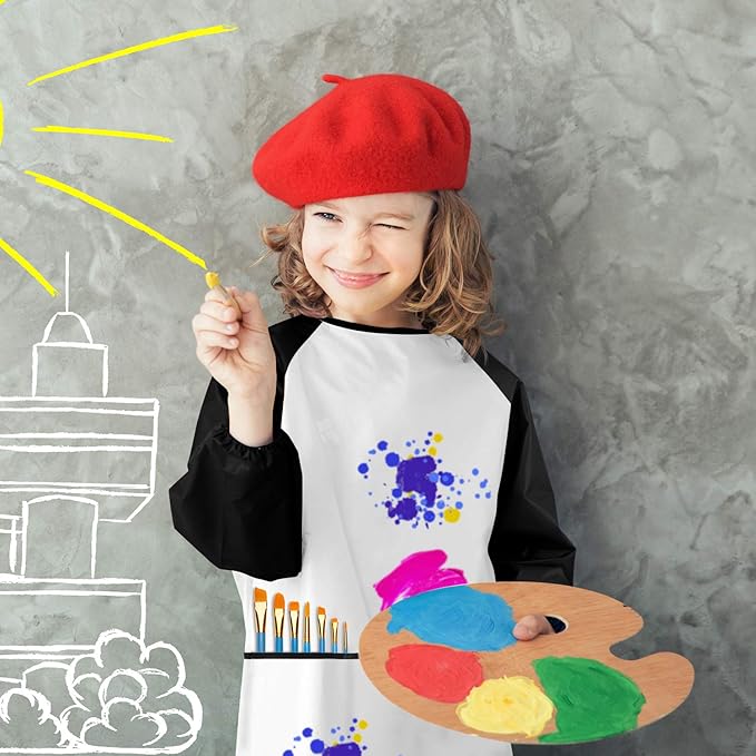 Kids Art Smocks, Painting Apron Artist Smock with Sleeve and 3 Pockets 2 Pack Black/White Set