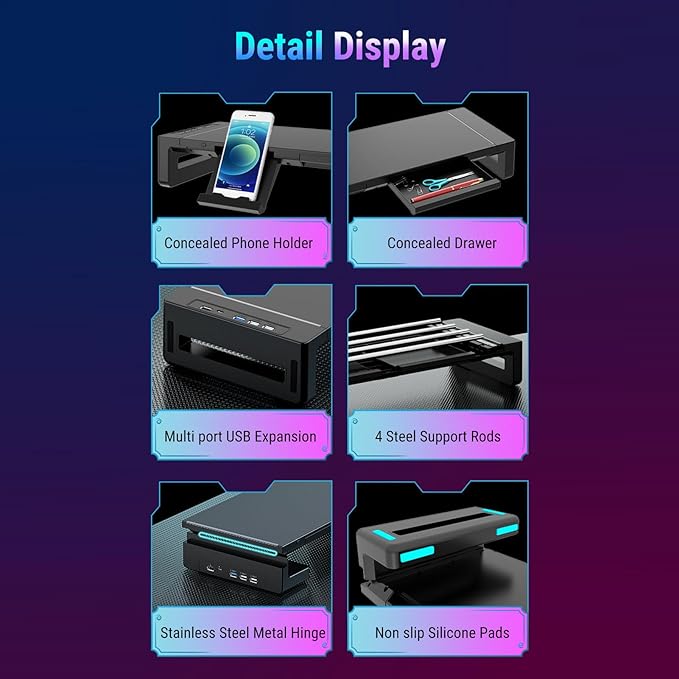 Yunseity Monitor Stand with 4 USB Ports, Height Adjustable Monitor Riser with Phone Charger, USB Ports Hub and Drawer Storage, RGB Lighting Desktop Organizer for Laptop TV Speaker
