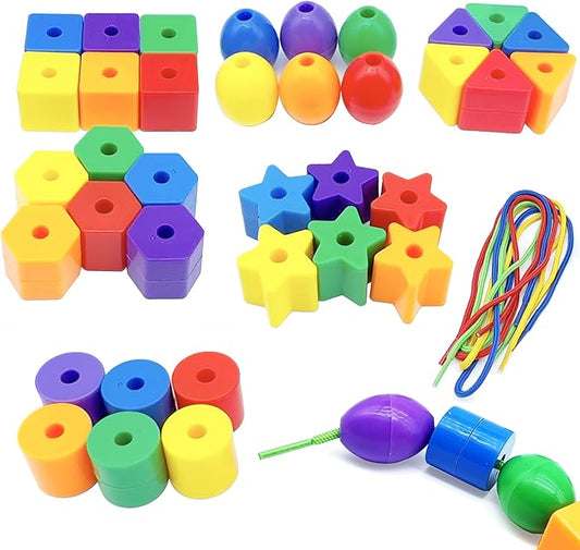 Toddler Toys - Big Lacing Beads Set for Fine Motor Skills & Hand-Eye Coordination Baby Toys - 36 Beads & 6 Strings - Color Sorting & Counting Educational Learning Toy Montessori Toys