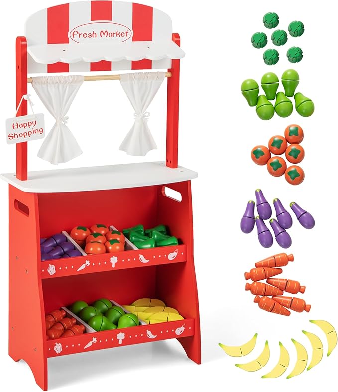 INFANS Grocery Store Marketplace Toy for Kids, Wooden Market Stand Pretend Play Set with 36 Cutting Vegetables Fruits Pieces, Role Food Shop Playset Gift for Boys Girls Ages 3+