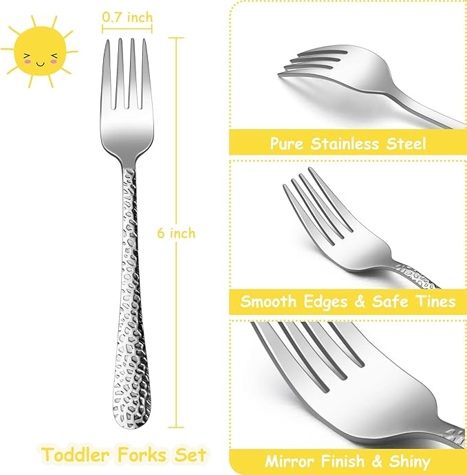 TeamFar Toddler Forks, Stainless Steel Toddler Utensil Silverware Baby Forks for Self Feeding at Home & Preschool, Healthy & Non Toxic, Mirror Polished & Hammered Handle, Dishwasher Safe, Set of 6