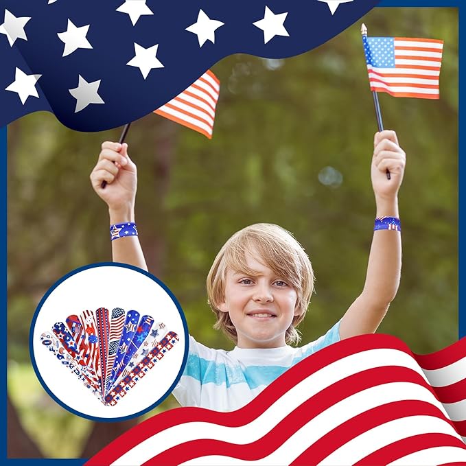 48 Pieces American Flag Slap Bracelets Bulk - 10 Assorted Designs Patriotic Snap Bands, USA Themed Party Favors for Kids and Adults, Fourth of July Accessories, Goodie Bag Fillers, Classroom Prizes