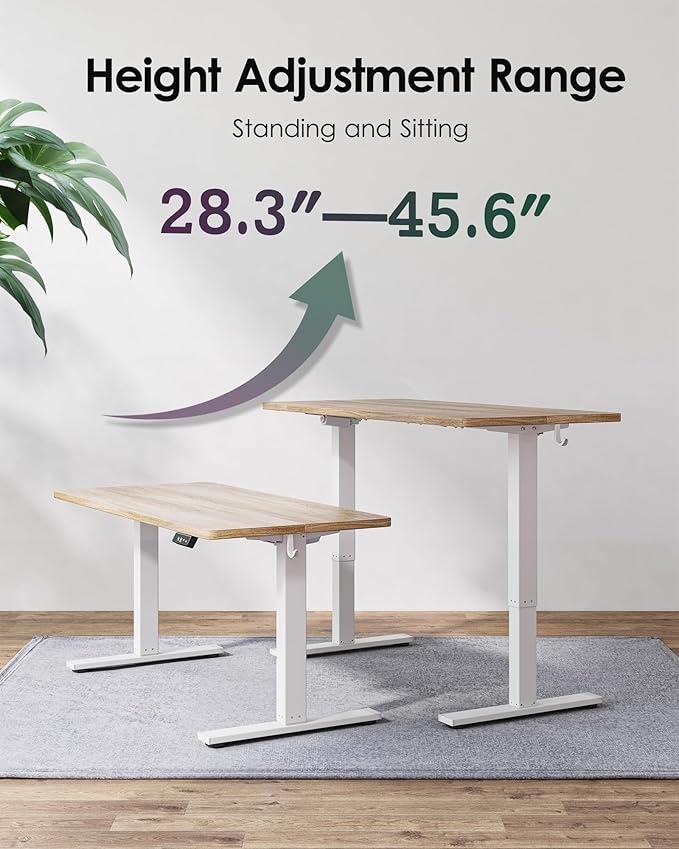 TIQLAB Height Adjustable Electric Standing Desk, 55 x 24 inch, Sit Stand Up Desk, Splice Board, Computer Home Office Desk, White Frame/Maple Top