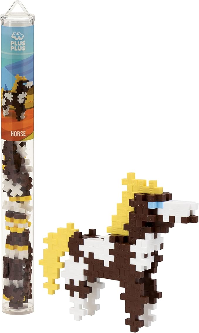 Plus Plus 3D Animal Figure Building Block Set, 70 Mini Interlocking Puzzle Pieces, Fun Stem Toys for Kids - Horse Maker Tube