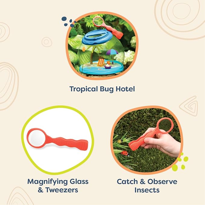 B. toys- Tiki Retreat Bug Catcher Kit – 1 Bug Cage with Tweezers & Magnifying Glass – Bug Toys for Kids 4+