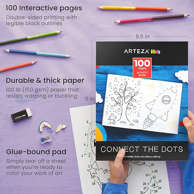Arteza Kids Activity Book, Dot to Dot Coloring Book, 8.5 x 11 Inches, Back to School Supplies for Ages 6 and Up, 50 Sheets, 12 Double-Ended Colored Pencils, Black Marker, Eraser, Pencil Sharpener