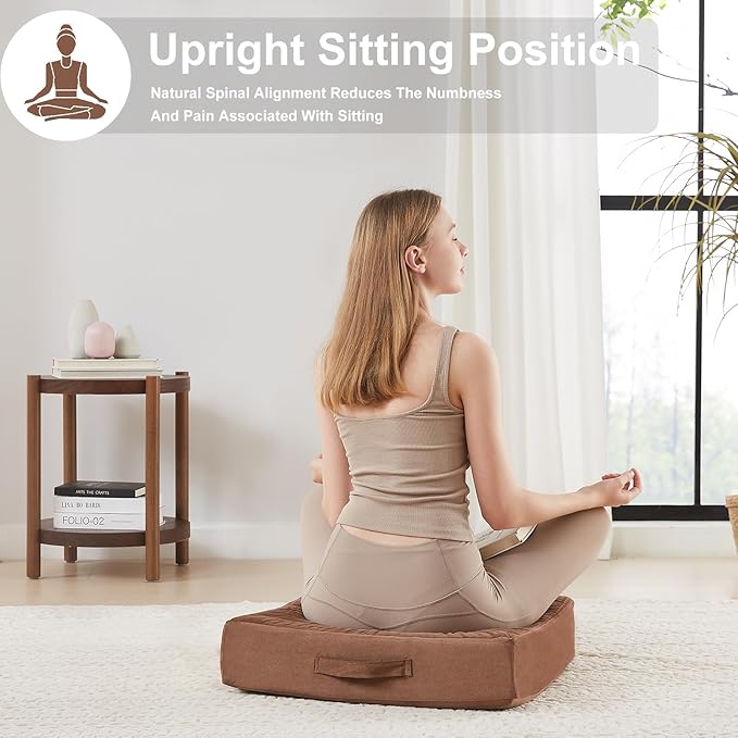 22 inches Floor Pillow for Adults - Large Meditation Cushion with Thick Foam & Soft Tufted Cover - Premium Outdoor Square Floor Cushion Seat - Yoga Pillows for Sitting On Floor - Coffee