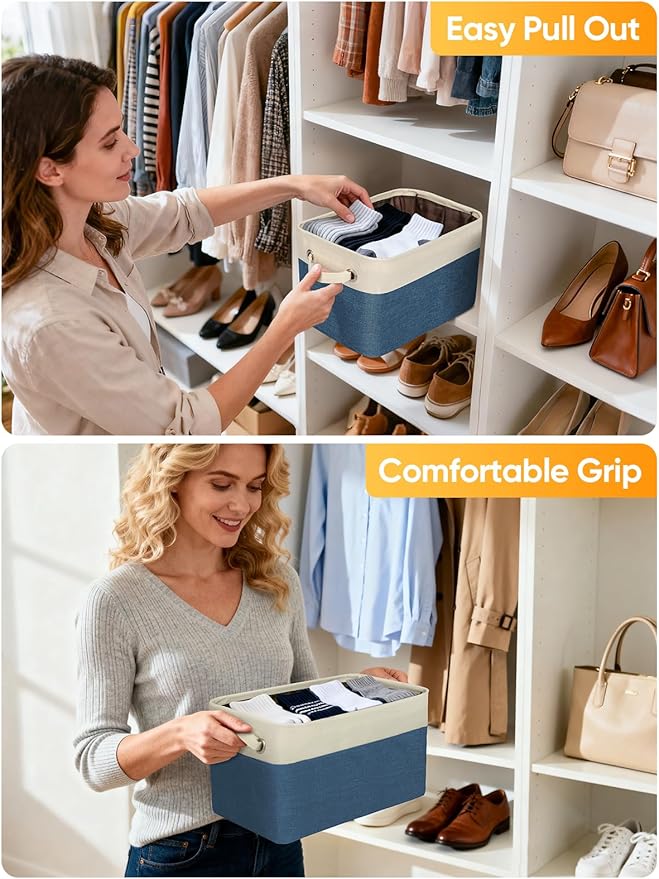 BALEINE 1 Pack Fabric Storage Bins for Shelves, Linen Storage Baskets for Organizing, Decorative Closet Bins for Clothes, Home (Navy Blue, 12"x8"x8")