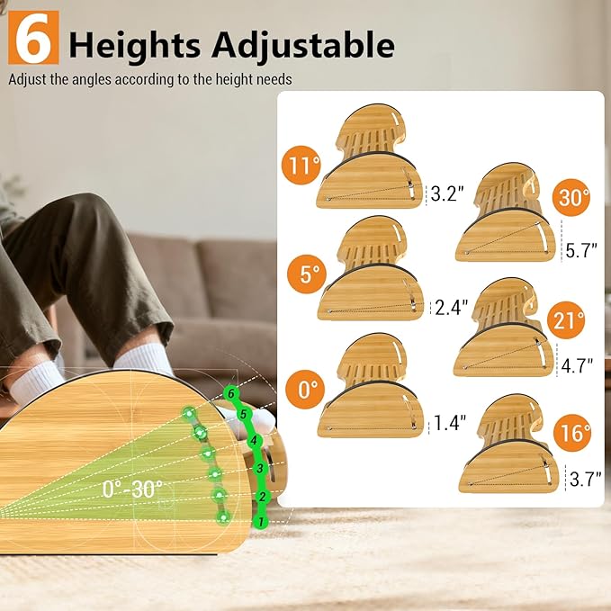 Bamboo Foot Rest for Under Desk at Work - Reversible Rocking Under Desk Footrest 2-in-1 with 6 Adjustable Heights, Ergonomic Foot Rest Under Desk with Anti-Slip Surface for Home, Office and Gaming