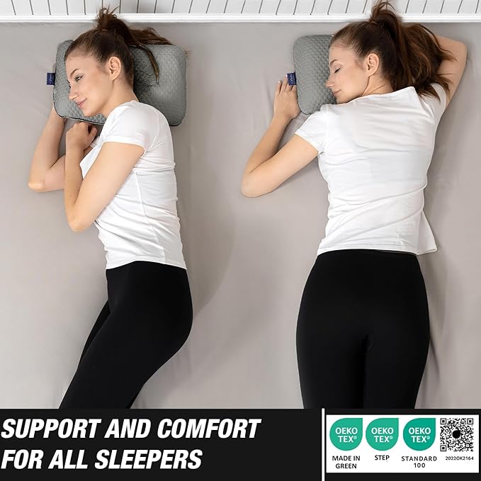 alkamto Travel & Camping Comfortable Memory Foam Pillow – Easy to Carry Portable Bag – Temperature Regulating Pillow Case (Grey)