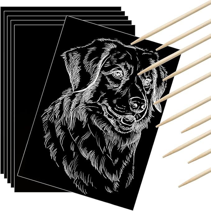 Gersoniel 50 Pieces Scratch Paper Art Set Craft Kits Black Coated Scratchboard Black Scratch Off Paper with Wooden Stylus for Valentine's Day Gifts Birthday Party Supplies