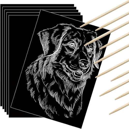 Gersoniel 50 Pieces Scratch Paper Art Set Craft Kits Black Coated Scratchboard Black Scratch Off Paper with Wooden Stylus for Valentine's Day Gifts Birthday Party Supplies