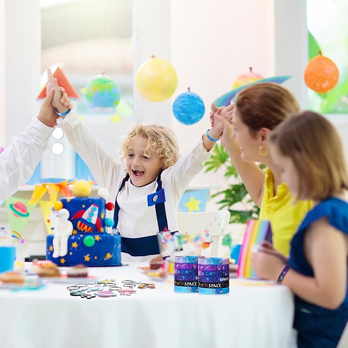 Aoriher 48 Pcs Space Party Favors Outer Space Rubber Bracelets Silicone Wristbands Space Theme Keychains Space Party Goodie Bag Fillers for Galaxy Birthday Party Supplies Boys Girls Classroom Rewards