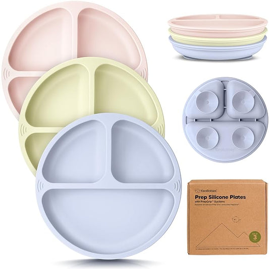 KeaBabies Suction Plates for Baby, Toddler - 3-Pack 100% Silicone Toddler Plates, Divided Baby Plates with Suction, Silicone Plates for Baby, Kids, BPA-Free, Microwave, Dishwasher Safe (Rain)