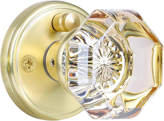 CLCTK Champagne Glass Door Knobs Interior with Lock, Gold Satin Brass Crystal Privacy Octagon Door Knobs for Bedroom Bathroom