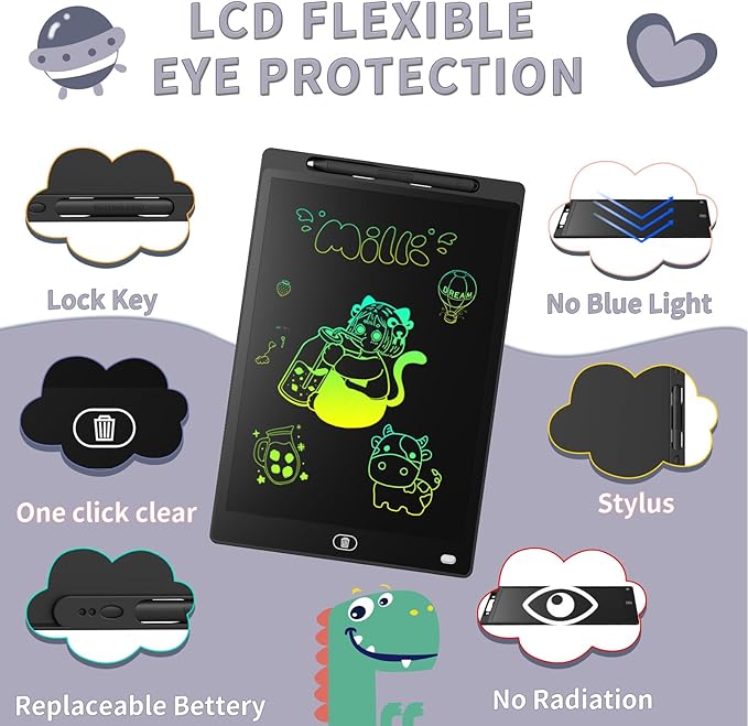 [2 Pack] Genialba LCD Writing Tablet 12-Inch Colorful Doodle Board, Toddler Learning Educational Toys Gifts for 3-8 Years Old Girls and Boys, Electronic Drawing Pad for Kids (Black&White)