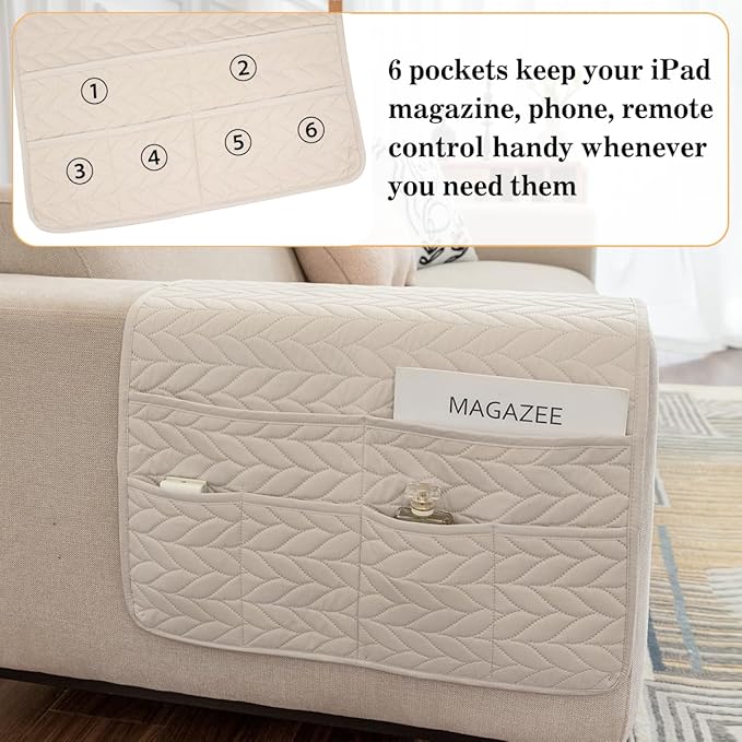 Sofa Armrest Organizer Arm Chair Caddy for Recliner, Remote Control Holder for Recliner, Non-Slip Armchair Caddy with 6 Pockets Storage for Magazine, Tablet, Phone, Beige
