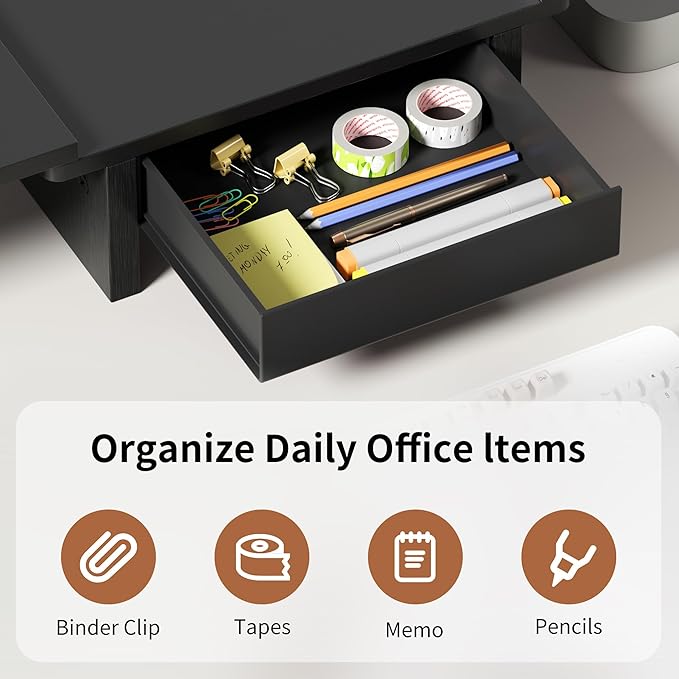 Dual Monitor Stand Riser - Computer Monitor Stand for 2 Monitors，Office Desktop Organizer，Adjustable Length and Angle 3 Shelf with Storage Drawer Phone Holder for Monitors and Laptops-Black