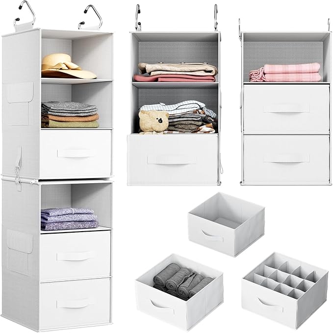 Pipishell 6-Shelf Hanging Closet Organizer with 2 Separable 3-Tier Shelves, 3 Drawers & Side Pockets Closet Organizers and Storage for Wardrobe Organization and Nursery Clothes Organizer, White