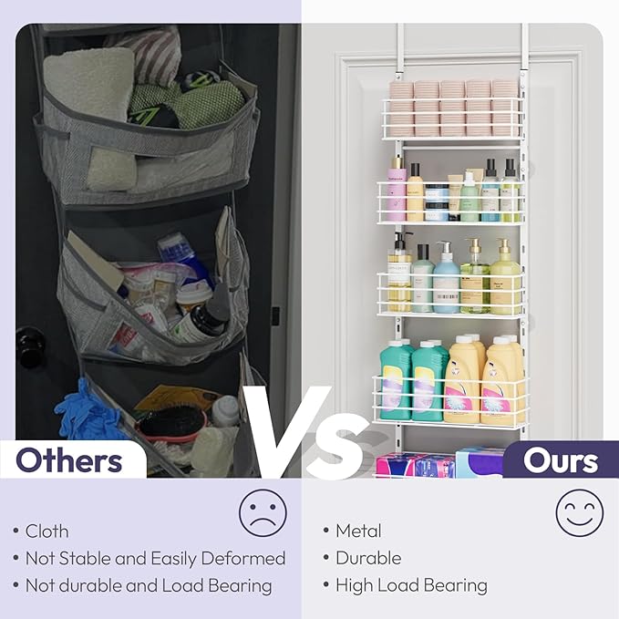 SWTYMIKI Over The Door Organizer - Door Organizer Hanging with 5 Adjustable Metal Large Capacity Basket and 6 Coat Hook, Wall Mounted Shelf for Bedroom Closet Bathroom Laundry Pantry Cabinet Kitchen