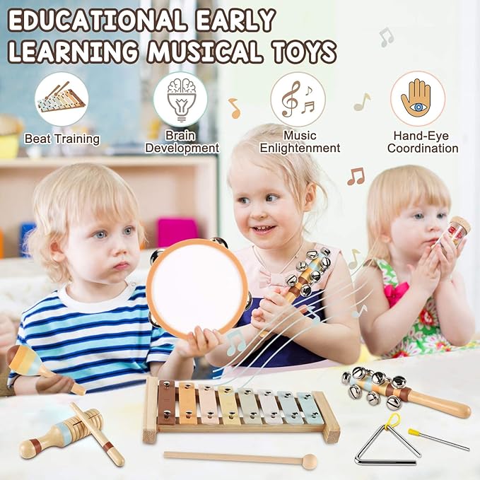 LOOIKOOS Baby Musical Instruments for Kids Montessori Music Toys for Toddlers 1-3,Neutral Colors Wooden Percussion Instruments Set with Modern Boho Xylophone for Kid Preschool Educational 3+