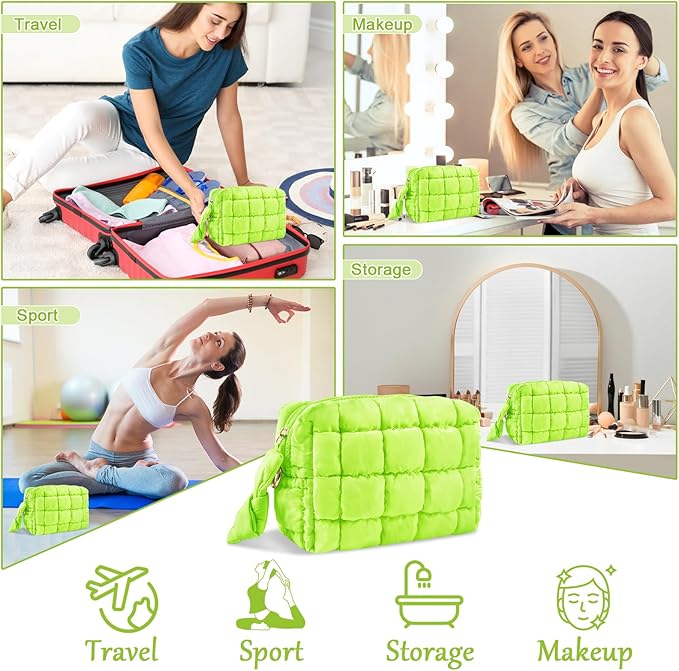 Puffer Quilted Makeup Bag Cosmetic Bags,Puffy Travel Toiletry Pouch for Women,Cute Checkered Zipper Bag Travel Essential,Portable Aesthetic Make up Organizer Bag for Gifts Work Daily(LightGreen,S)