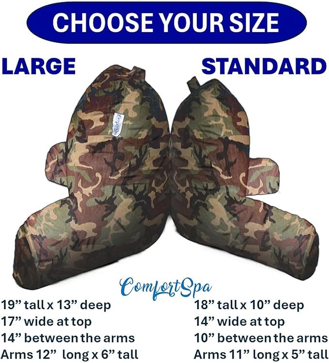 ComfortSpa Reading Pillow for Kids Teens Adult, Back Rest Pillow with Arms, Pockets, Washable Cover; Use as Back Pillow for Bed Sitting Up for Bedrest, Relief from GERD Heartburn (Standard Camouflage)