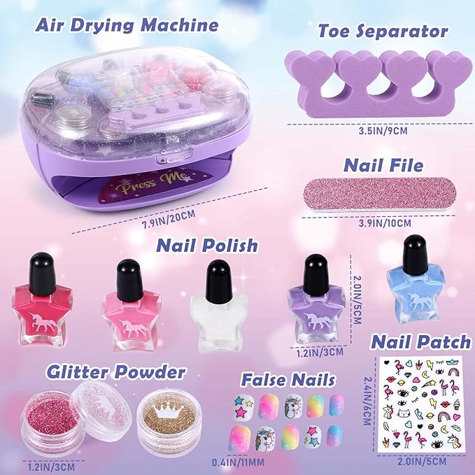 Golray Kids Nail Polish Set for Girls, All-in-One Nail Art Kit - Nail Dryer/ Nail Polish/ Glitter Powder/ False Nails/ Nail Decals/ Toe Separator/File, Age 3-12 Little Girl Gift Toys