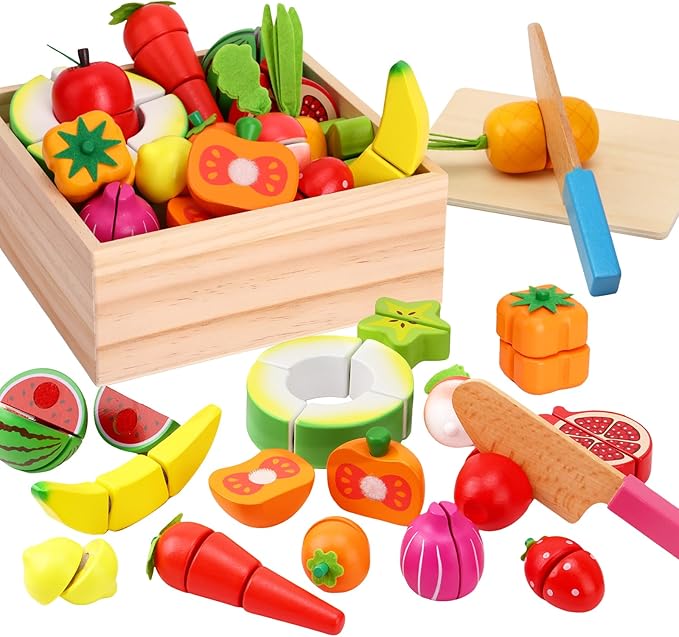 Holicolor 40pcs Wooden Play Food, Play Food Sets for Kids Kitchen Pretend Cutting Play Food for Toddlers 1-3