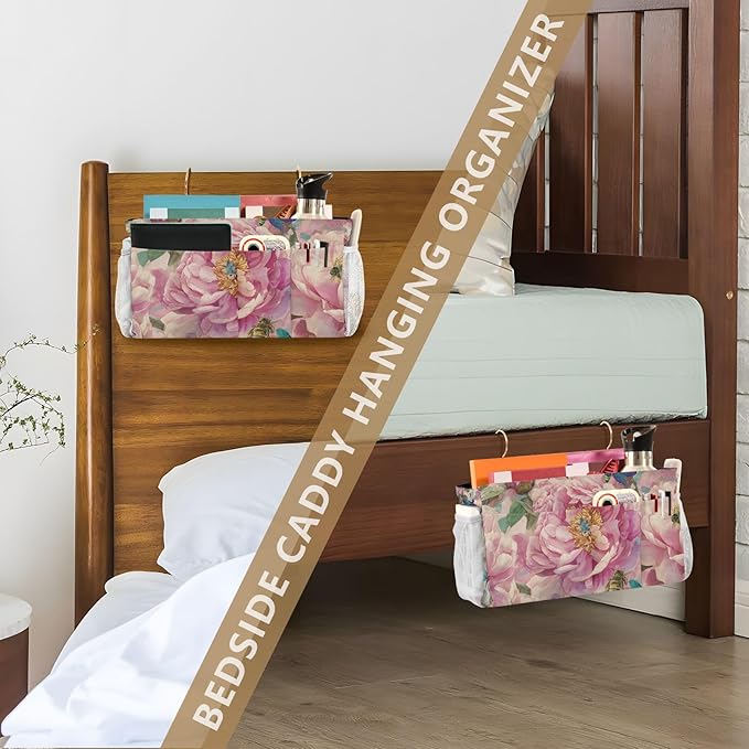 Pink Peony Bee Dragonfly Bedside Caddy for Dorm Bed Bedside Hanging Caddy Bag Iron Frame Storage Organizer Pocket for Bunk Home College Hospital Beds 2 Hooks