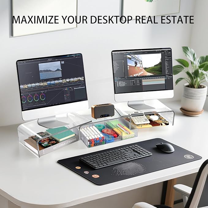 OPNICE Clear Acrylic Desk Organizers and Accessories, Dual Monitor Stand Riser with Drawer, Desk Shelf Computer Racks for Office Workspace Organizers, Desktop Organization