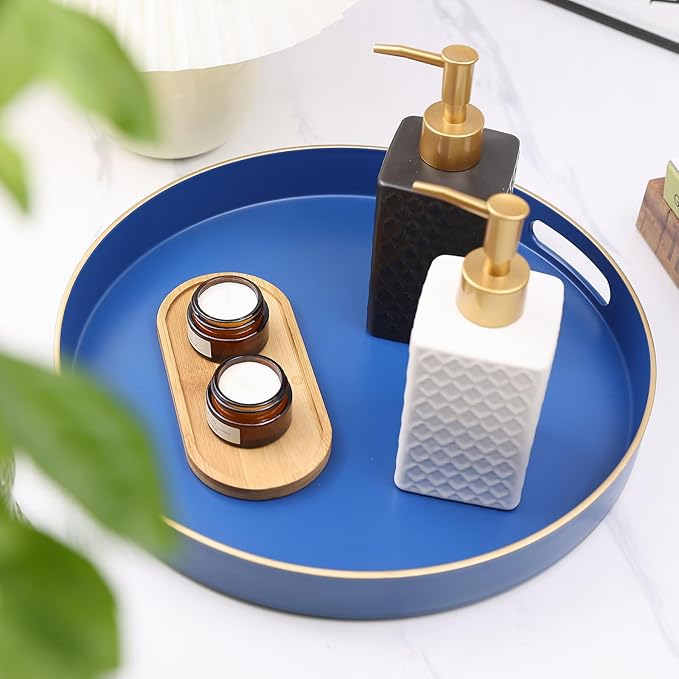 Omuriko Royal Blue Round Decorative Tray with Handles, 13" Versatile Serving Tray for Coffee Table, Ottoman, Ideal for Serving, Displaying, Organizing