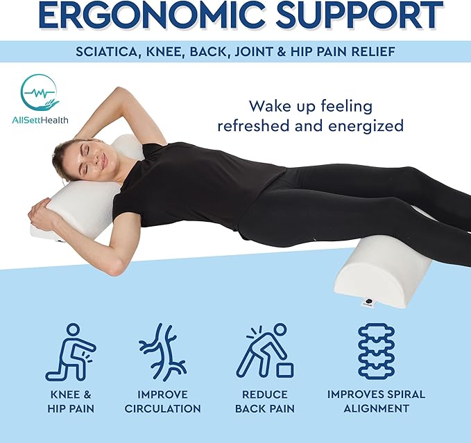 AllSett Health Half Moon Bolster Pillow for Legs, Back and Head (2 Pack) Semi Roll for Ankle and Foot Comfort with White Cotton Machine Washable Cover | Premium Memory Foam | 2 Pillow System