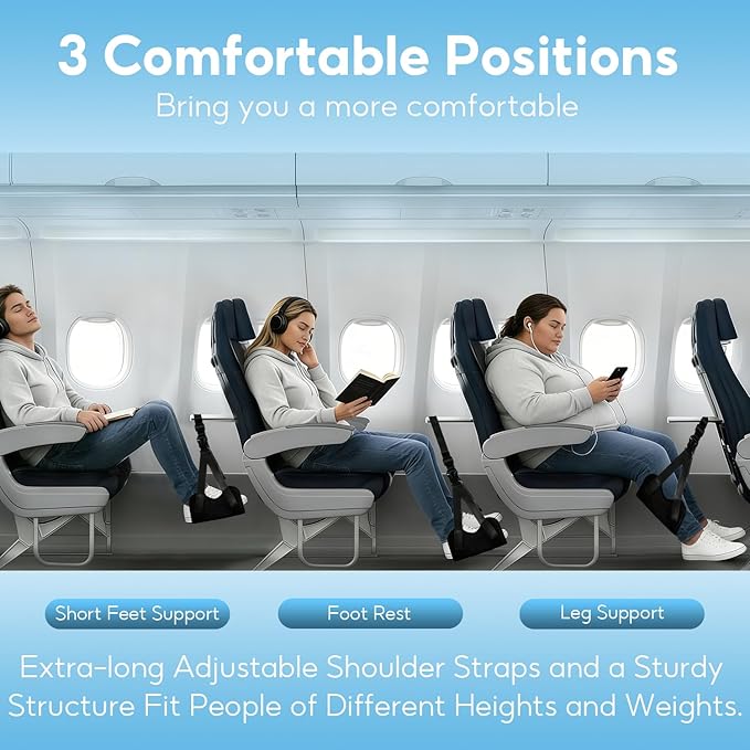 1-Pack Airplane Foot Hammock, Adjustable Plane Foot Rest for Long Flight, Plane Travel Essentials to Relax Your Feet, Foot Rest for Air Travel, Desk & Car