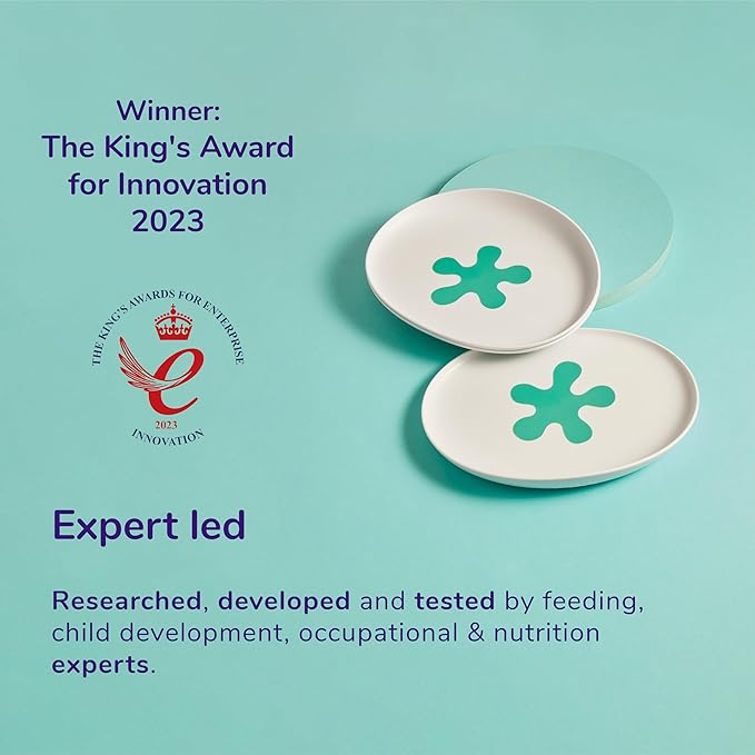 doddl Baby and Toddler Plate, Non-Slip Base, Ergonomic Toddler Dishes for Self Feeding, 1-3 Year Olds, Dishwasher Safe, BPA Free (White & Aqua)