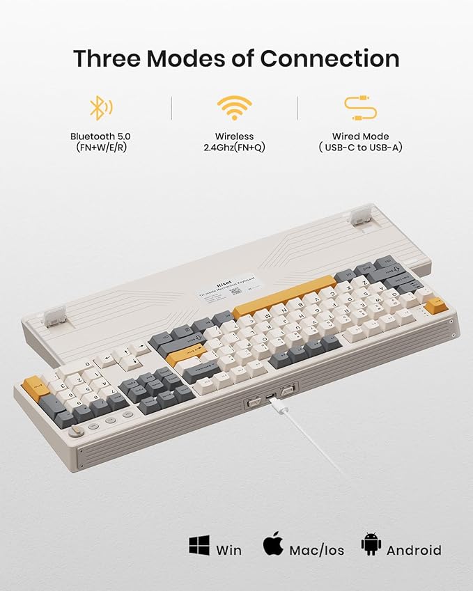 Wireless Mechanical Keyboard,104 Keys 100% Full Size with Number Pad,Gasket Mounted Creamy Sound,Hot Swappable,Knob& Media Keys,Bluetooth/2.4GHz/USB-C for Gaming/Typing/Win/Mac/PC (Retro Beige)