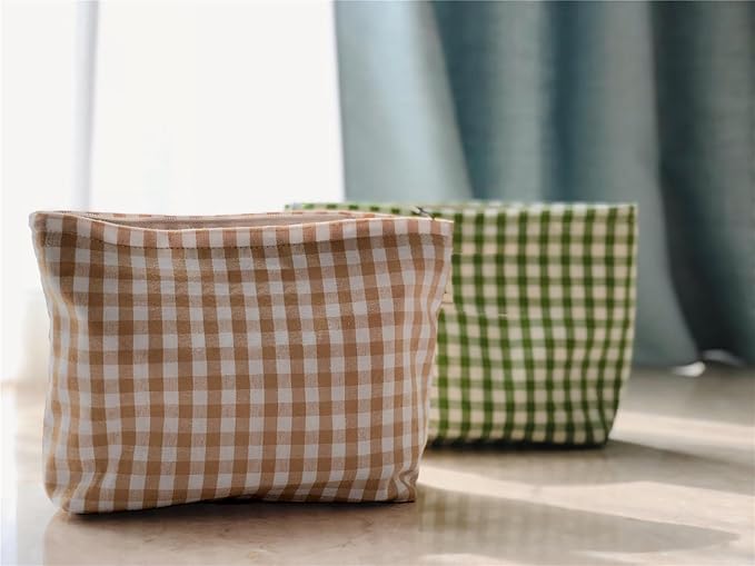 HAPPYHEIDI Khaki Gingham Cotton Makeup Bag Cosmetic Travel Pouch with Bottom, Make Up Purse Organizer, Zipper Closure, Canvas Lined…