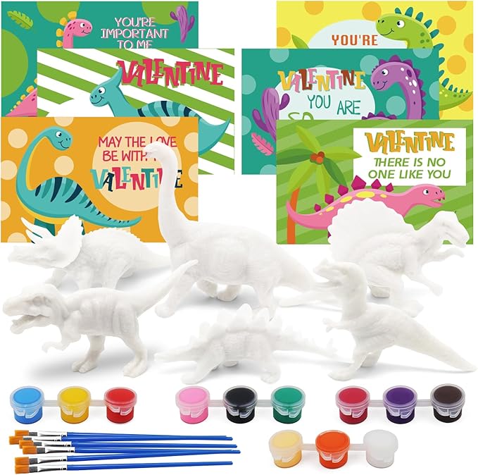 24PCS Valentines Day Cards for Kids with Dinosaur Painting Kit for Kids, Valentines Greeting Cards for School Classroom Exchange Gifts, Happy Valentines Day Arts and Crafts Party Favor Supplies