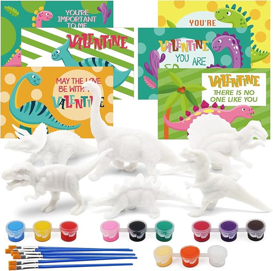 24PCS Valentines Day Cards for Kids with Dinosaur Painting Kit for Kids, Valentines Greeting Cards for School Classroom Exchange Gifts, Happy Valentines Day Arts and Crafts Party Favor Supplies
